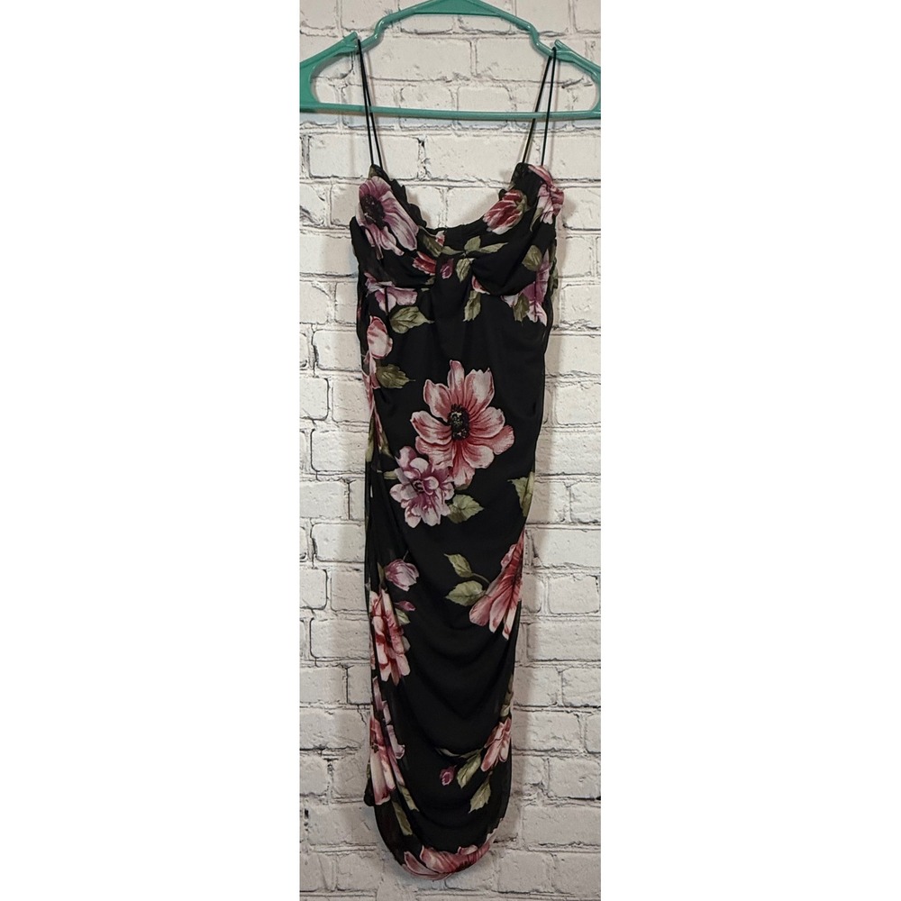 Rue 21 Medium Floral Print Bodycon Dress Ruched Sleeveless Black Dress‎